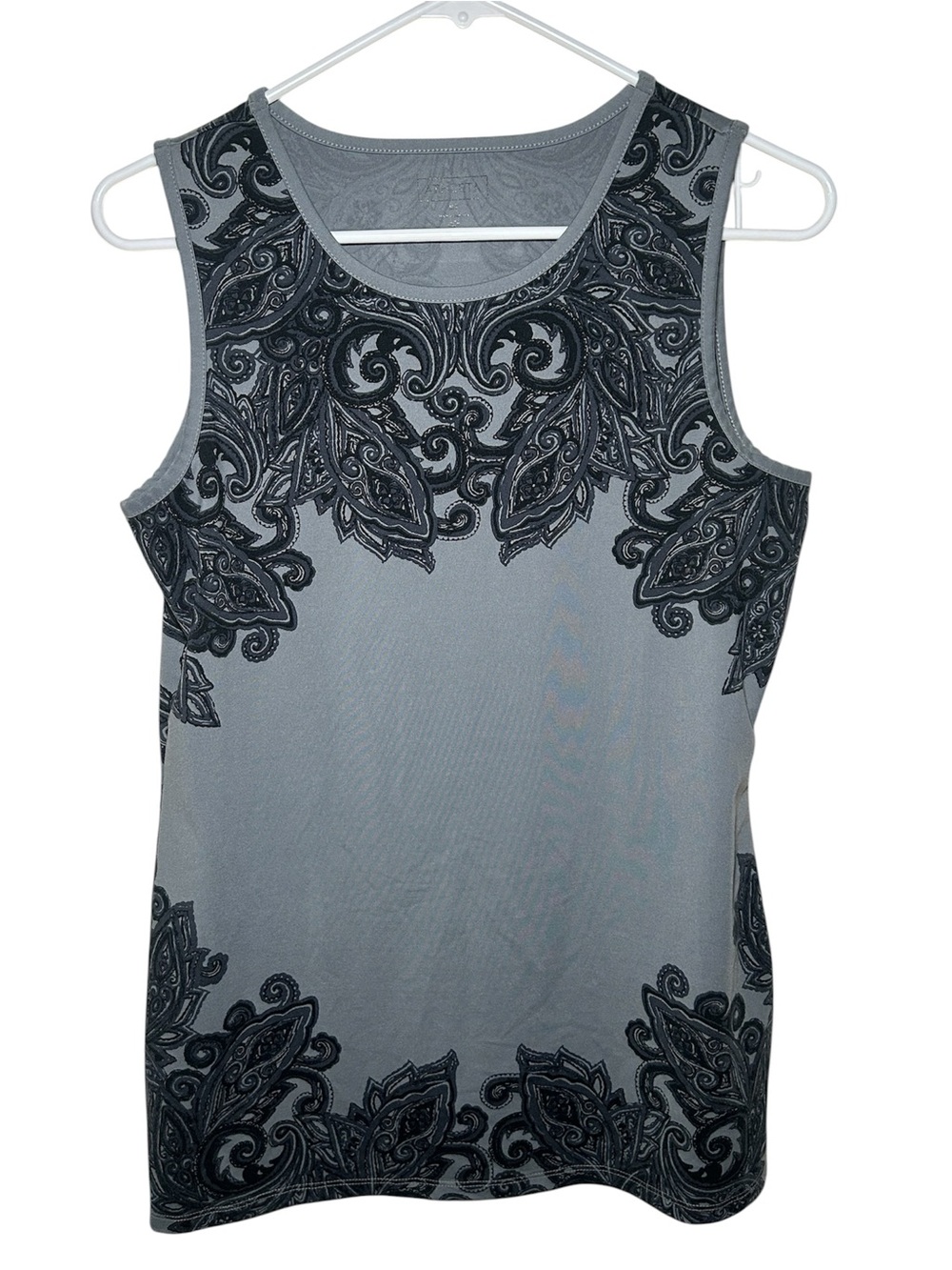 Athleta Gray Sleeveless Tank Black Paisley Lace Appliqué MT Active Casual Summer
